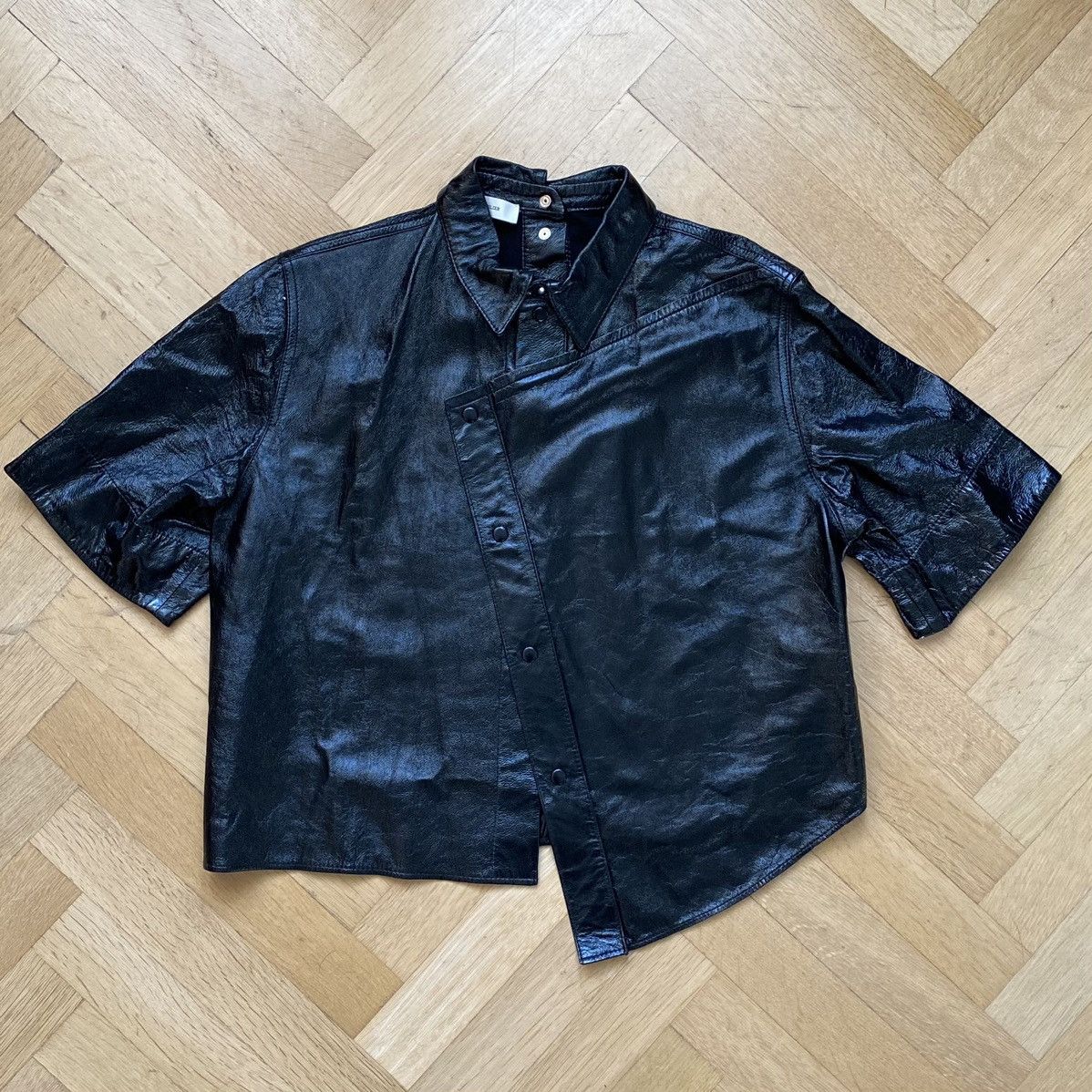 image of Cedric Charlier Patent Leather Deconstructed Shirt in Black, Men's (Size Medium)