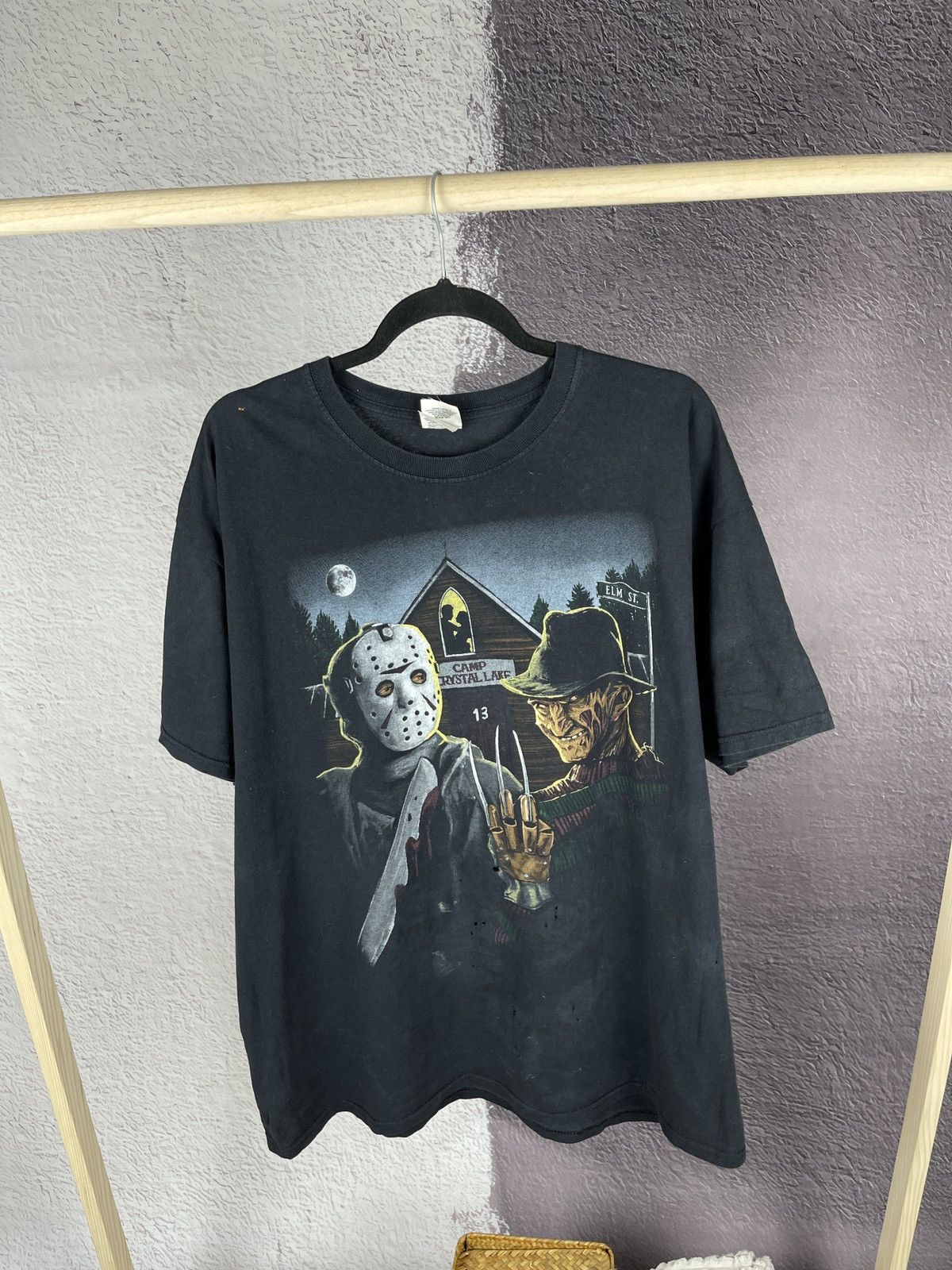 image of Vintage Freddy Krueger Vs Jason Movie 90's Y2K Distressed Tee in Black, Men's (Size XL)