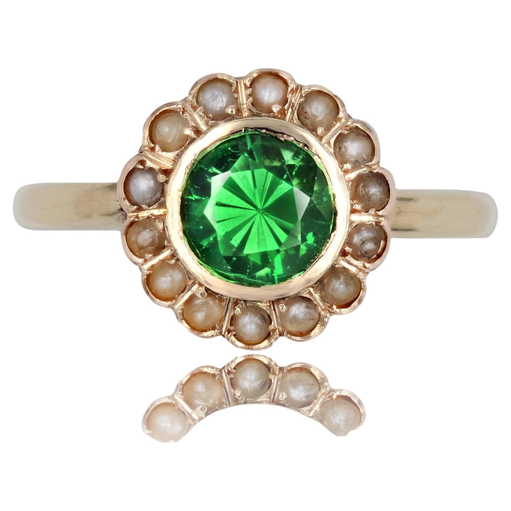 image of Vintage French 20Th Century Tsavorite Green Garnet Fine Pearl 18 Karat Yellow Gold Ring, Women's