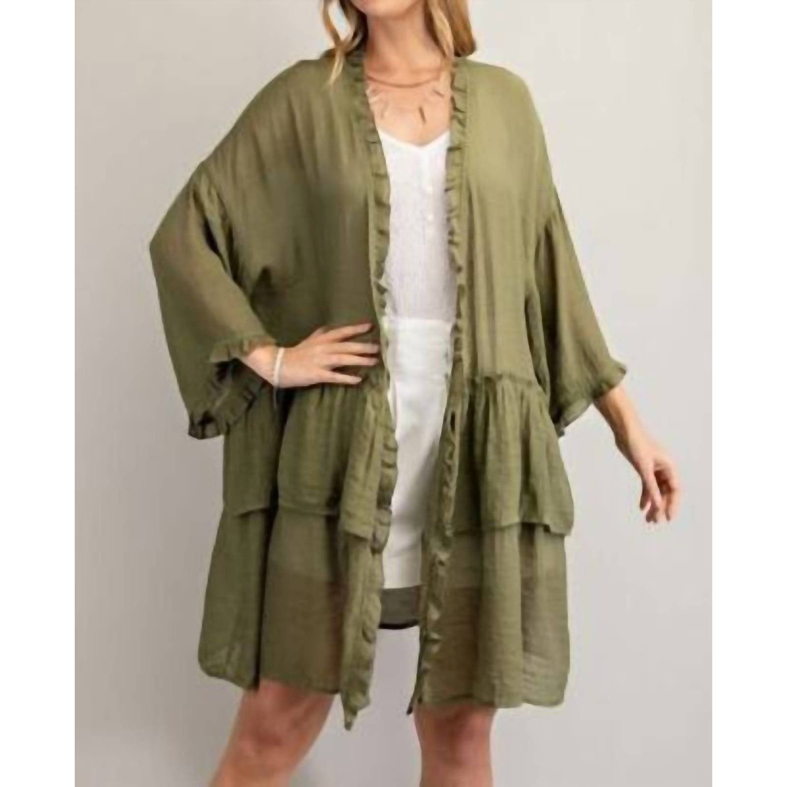 Designer EASEL Ruffle Sleeve Kimono In Olive Grailed