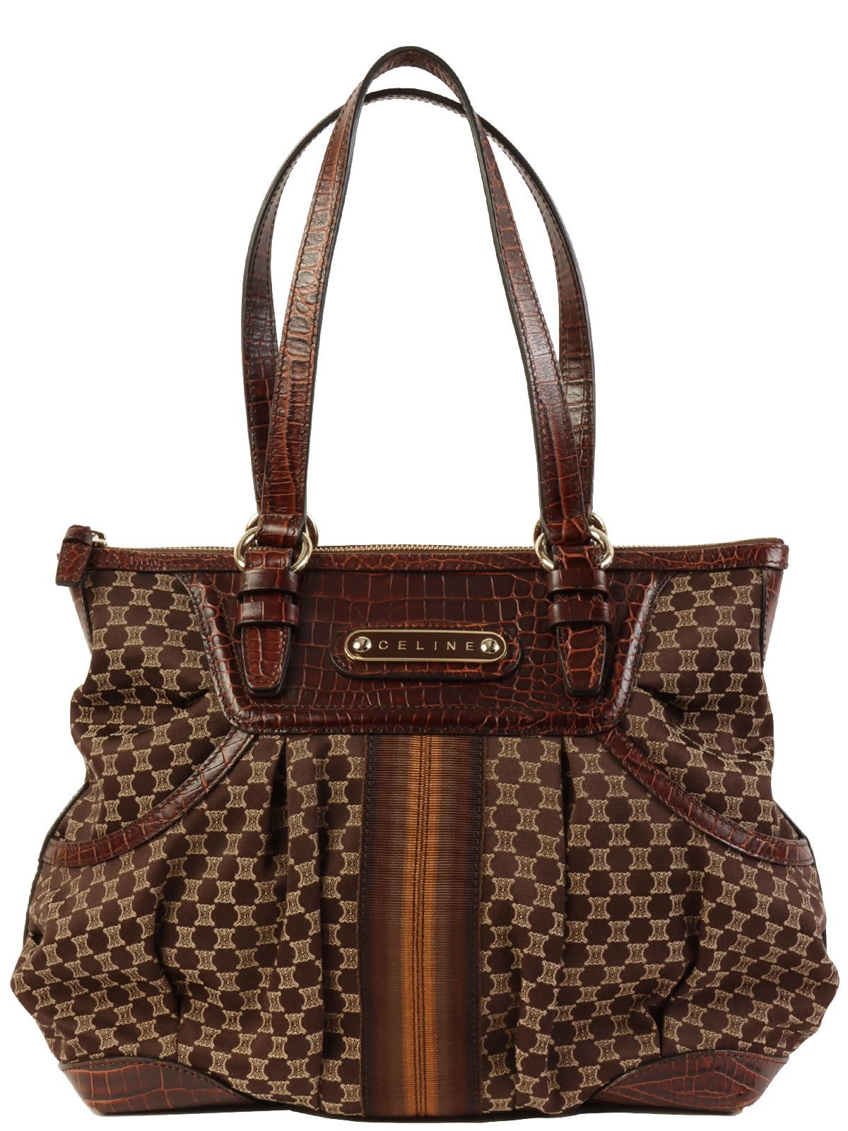 image of Celine Canvas Macadam Pattern Crocodile Embossed Conbination Top Handle Bag Brown, Women's