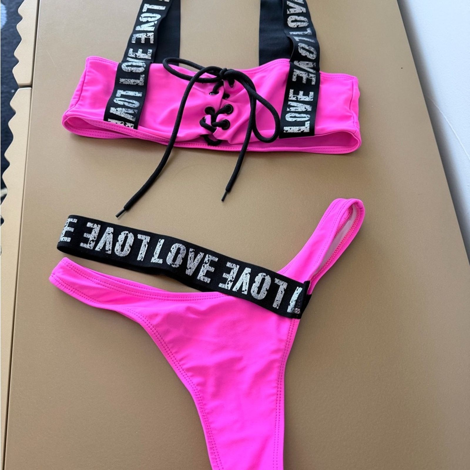 Other New Stylish Pink Lace-Up Bikini Swimsuit Bathing Suit Set S Size ONE SIZE - 7 Thumbnail