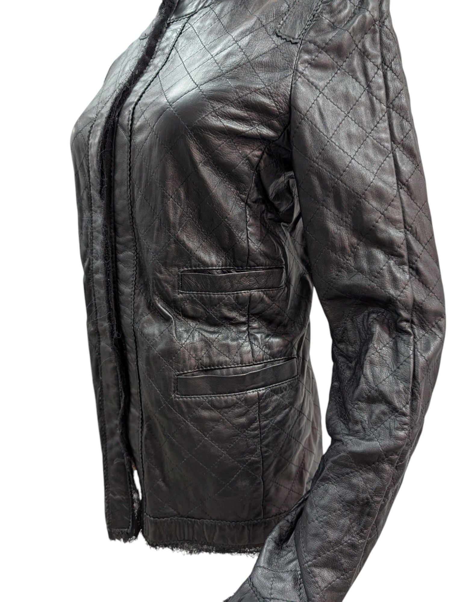Dolce & Gabbana Black Quilted Leather Jacket With Raw Lace Trimmings Size S / US 4 / IT 40 - 7 Thumbnail
