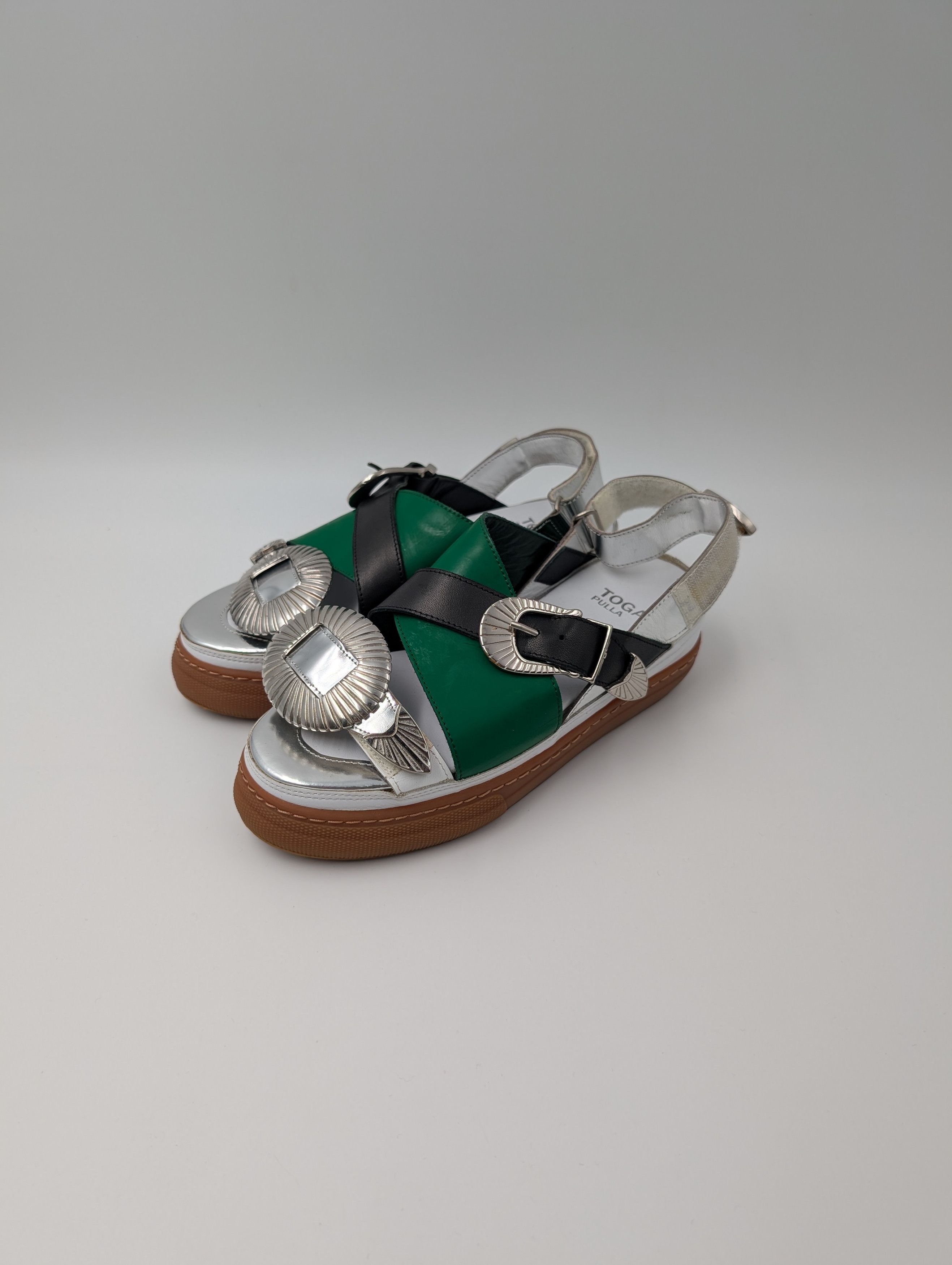 Toga Pulla Green And Silver Open-Toed Shoes With Iconic Detail Size US 5 / IT 35 - 1 Thumbnail