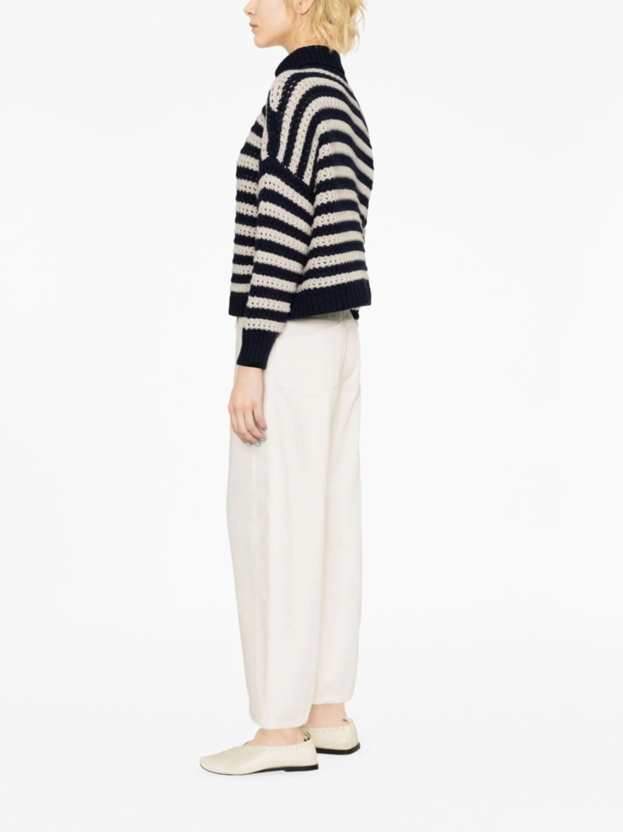 Brunello Cucinelli o1y0825 Turtleneck Sweater in Navy Blue/White Size S / US 4 / IT 40 - 2 Thumbnail