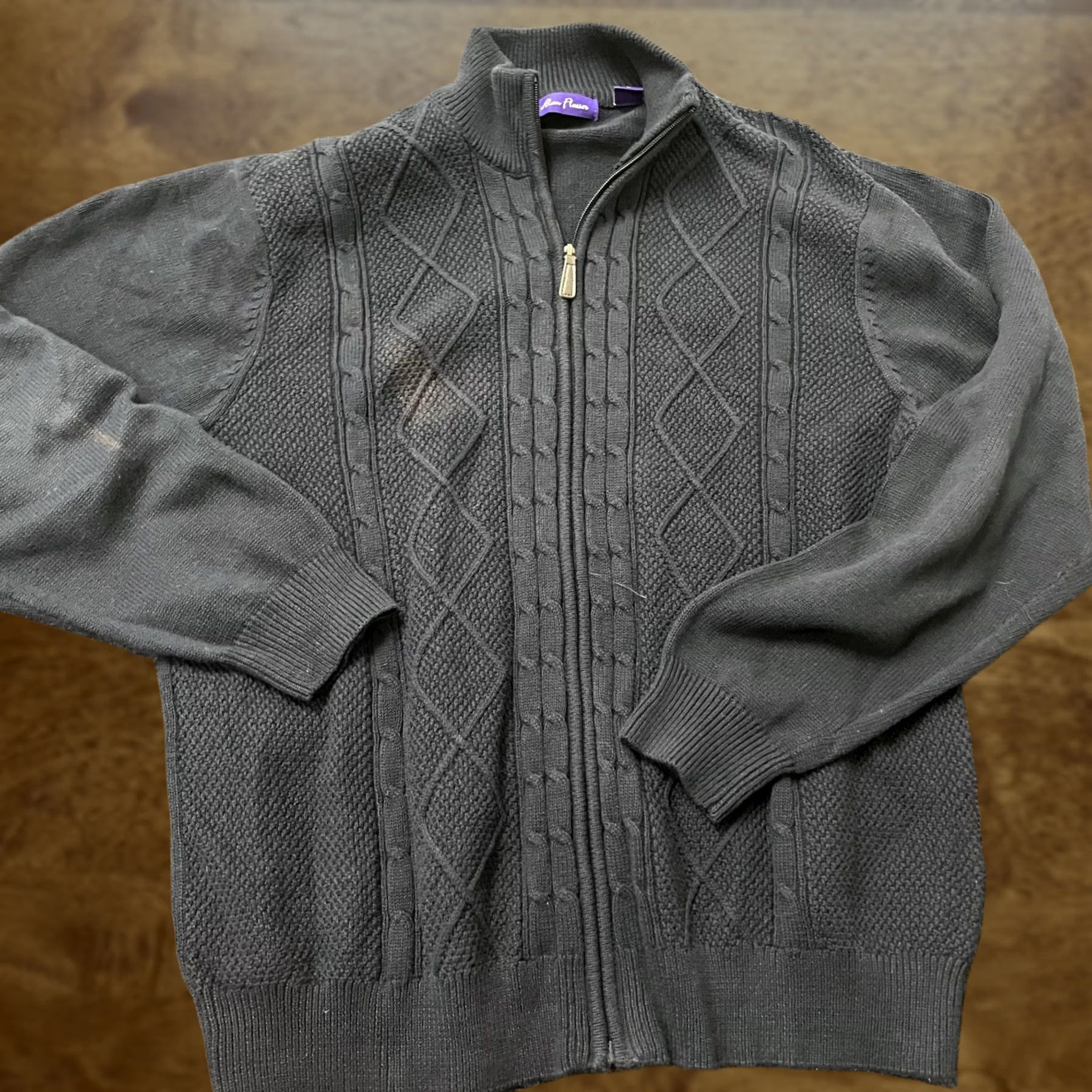 Vintage VINTAGE Alan Flusser Sweater Mens Large Gray Full Zip Cable Knit Cotton Mock Neck Size US L / EU 52-54 / 3 - 1 Thumbnail