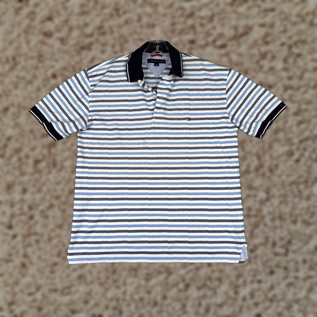 Tommy Hilfiger Tommy Hilfiger Polo Shirt Men Large White Blue Stripe Cotton Short Sleeve READ Size US L / EU 52-54 / 3 - 1 Thumbnail