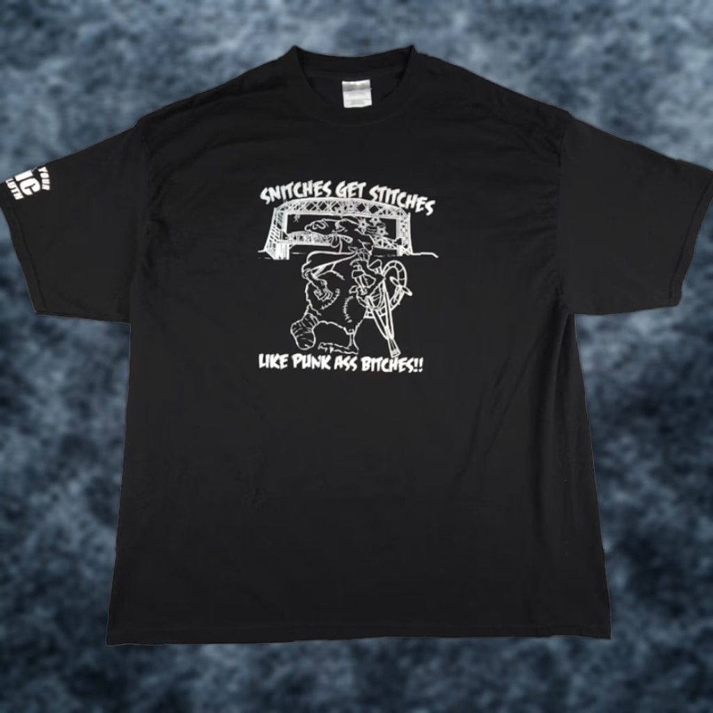 Port & Company VINTAGE Snitches Get Stitches T Shirt Mens 2XL Black Cotton Port & Company Short Sleeve Crew Neck Funny Y2K Duluth Minnesota Bridge Mens Size US XXL / EU 58 / 5 - 1 Thumbnail