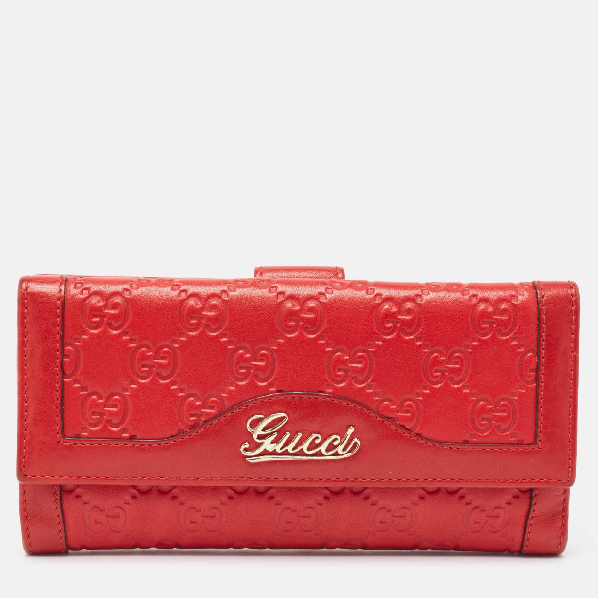 image of Gucci Red Ssima Leather Logo French Wallet, Women's