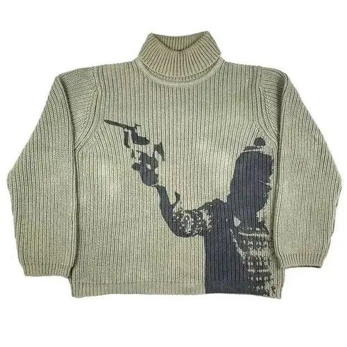 image of Coloured Cable Knit Sweater Vintage Knit Sweaters Winter Pullover Sweater Turtleneck in Green (Size