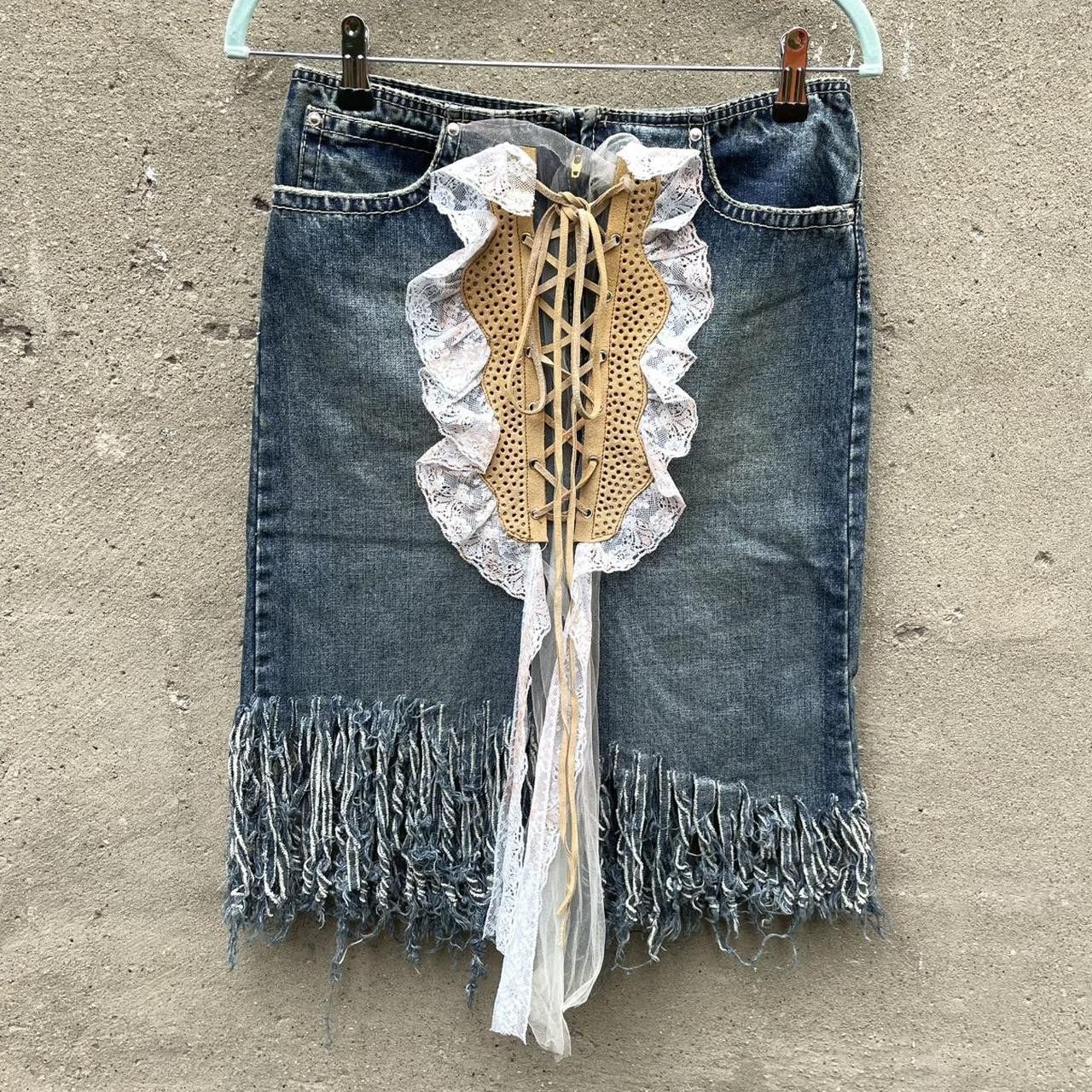 Vintage Unique Lace-Up and Lacy Denim Skirt Size 28" / US 6 / IT 42 - 2 Thumbnail