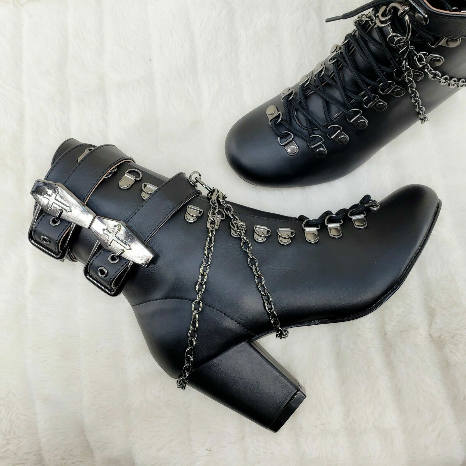 Demonia Cult DEMONIA Vivika Goth Granny Ankle Boots Coffin Straps & Chain Size US 7 / IT 37 - 1 Thumbnail