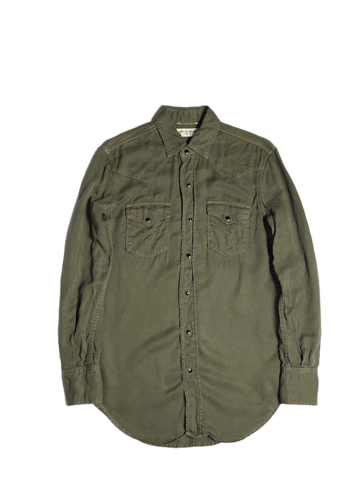 image of Hedi Slimane x Saint Laurent Paris Ss15 Saint Laurent Hedi Era Green Lyocel Western Shirt in Army G