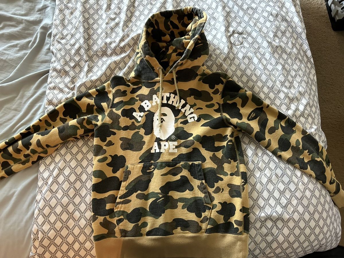 image of Bape 1St Camo College Pullover Hoodie in Yellow, Men's (Size Small)