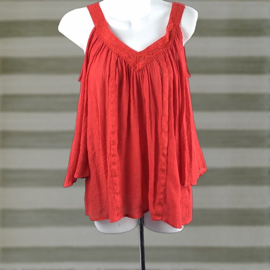 Vintage Nobo Cold Shoulder Top M Red V-Neck 3/4 Sleeve Boho Crepe Blouse Women Size M / US 6-8 / IT 42-44 - 1 Thumbnail