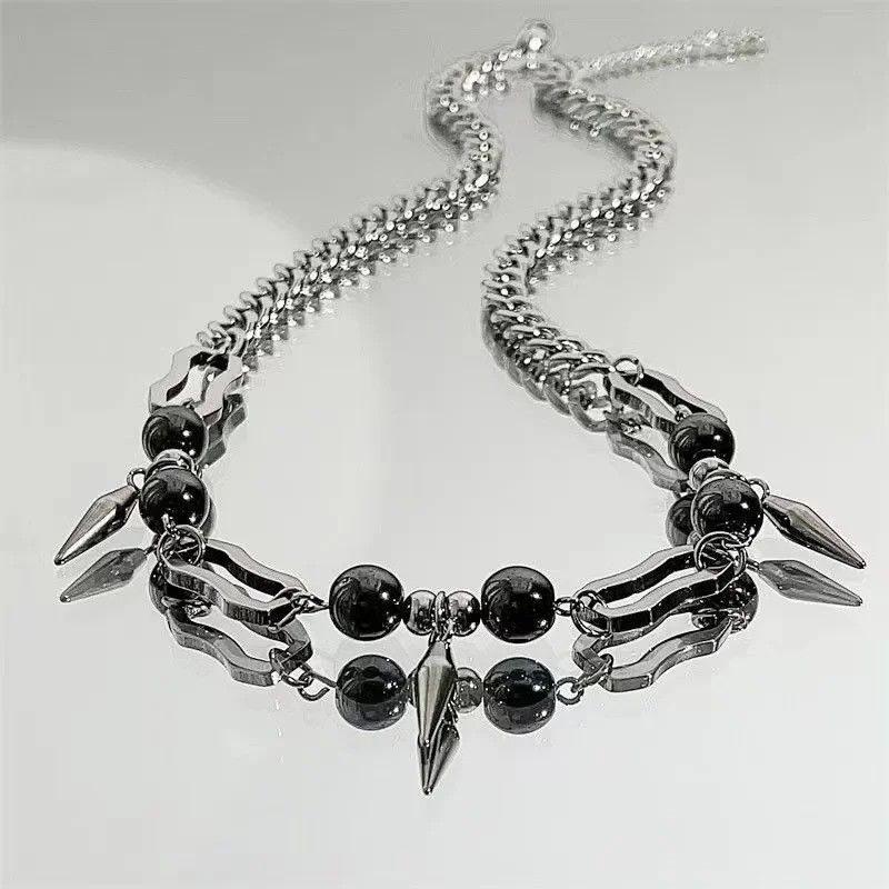 Jewelry × Vintage Dark Rivet Splicing Stainles Steel Bead Cuban Chain Necklace Size ONE SIZE - 5 Thumbnail