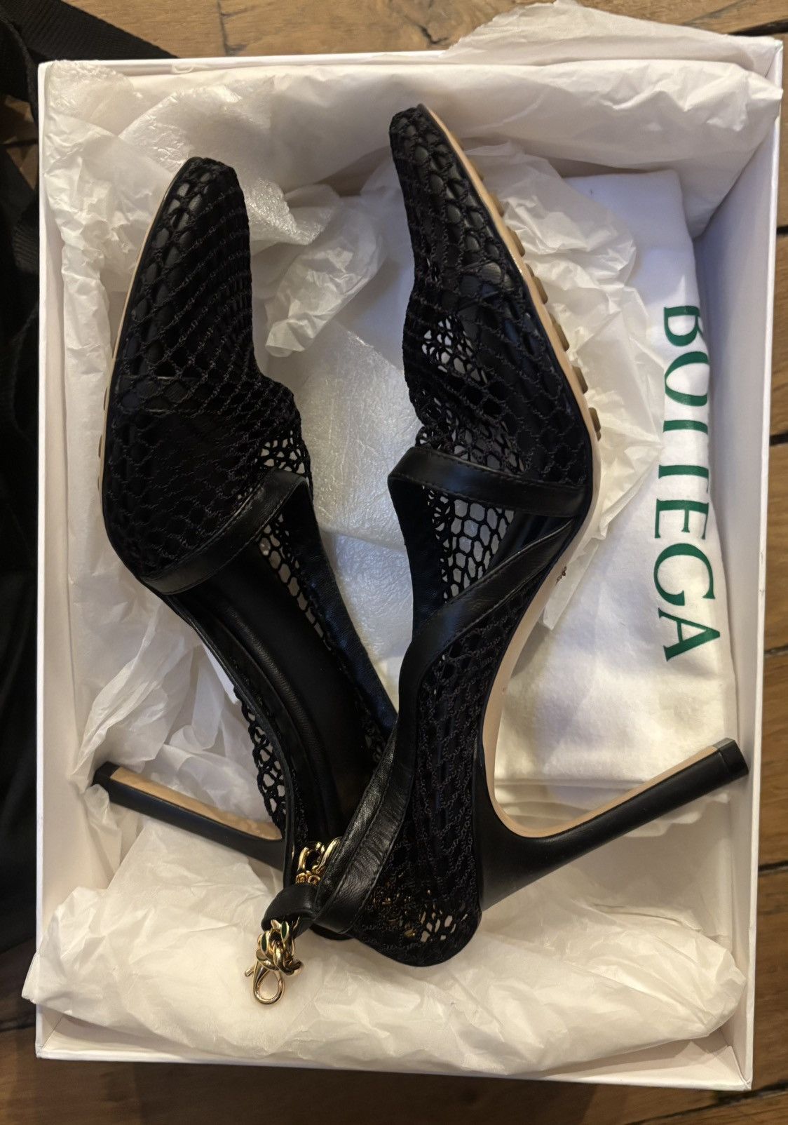 Bottega Veneta Mesh Chain Sandals Black with Gold Ankle Chain 36 (New) Size US 6 / IT 36 - 1 Thumbnail