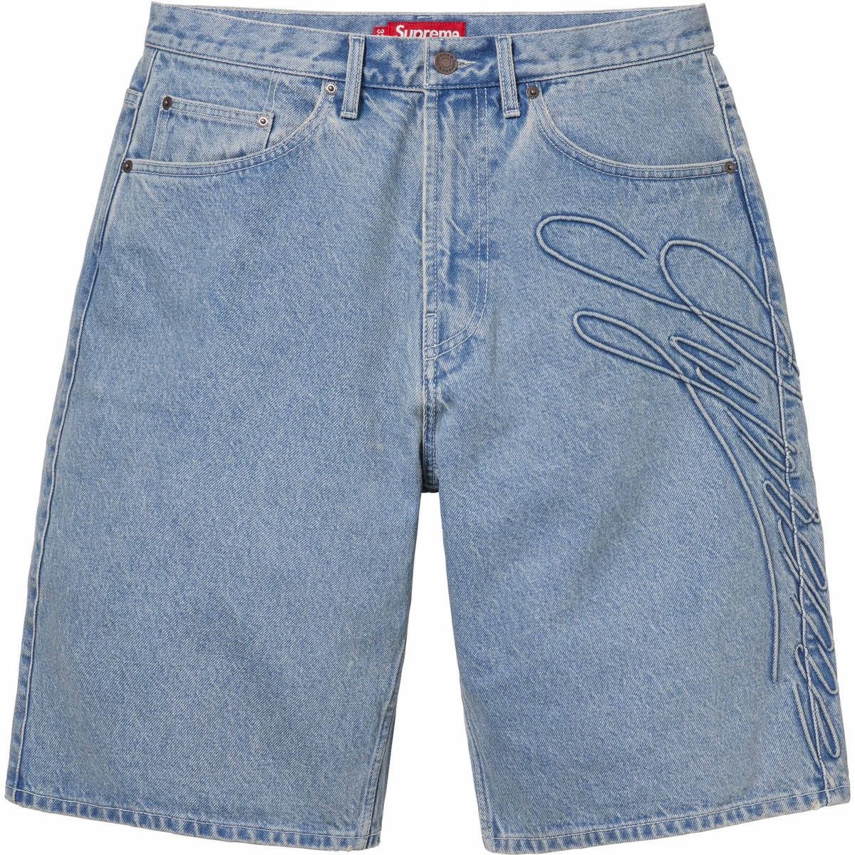 image of Supreme Script Baggy Denim Short in Washed Indigo, Men's (Size 30)