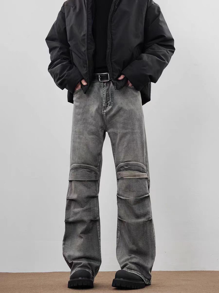 Wasteland style washed distressed micro-flare pleated jeans
