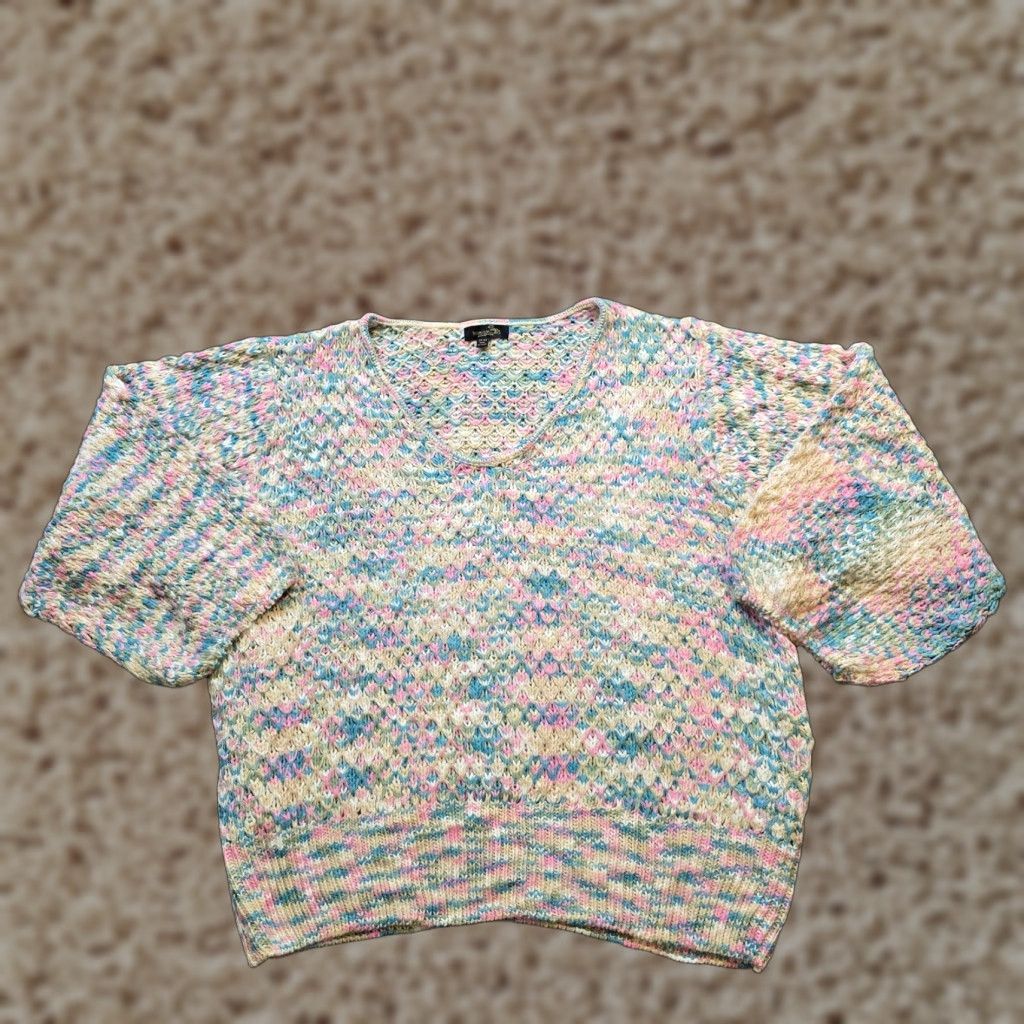 Vintage Suzanne Betro Sweater Womens 3X Pink Green Crochet Knit V Neck Casual Classic Rainbow Knit Pullover Womens Size XXL / US 16-18 / IT 52-54 - 1 Thumbnail