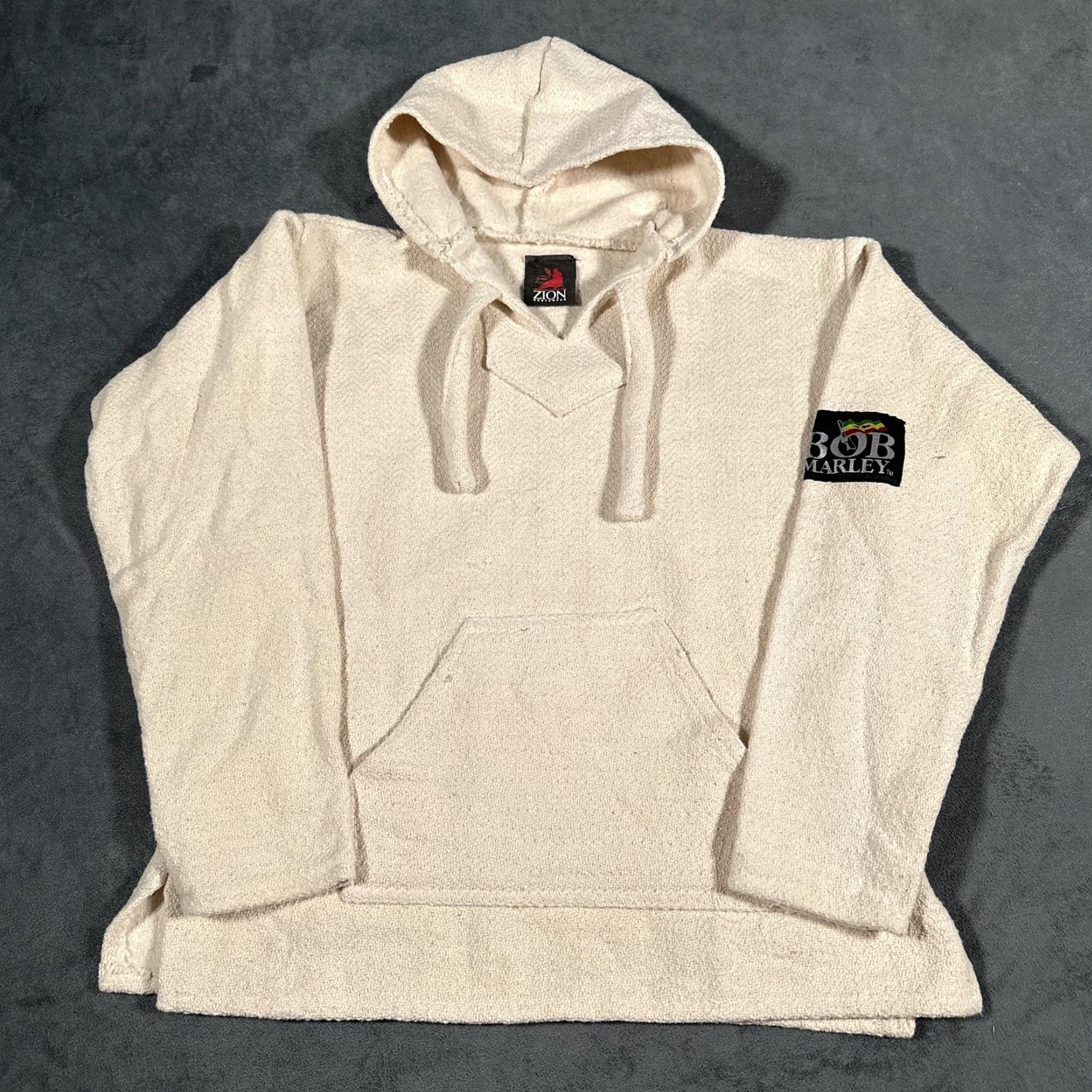 Vintage Bob Marley Hoodie Mens S Beige Baja Pullover Zion Rootswear Twill Cotton Crew Neck Hooded Graphic Print Kangaroo Pocket Long Sleeve Vintage: No Size US S / EU 44-46 / 1 - 3 Thumbnail