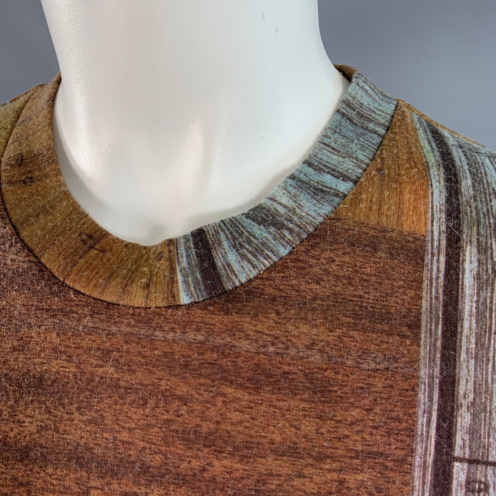 Todd Oldham 1980s M Brown Blue Polyester Patchwork Wood Grain T-Shirt Size M / US 6-8 / IT 42-44 - 4 Thumbnail
