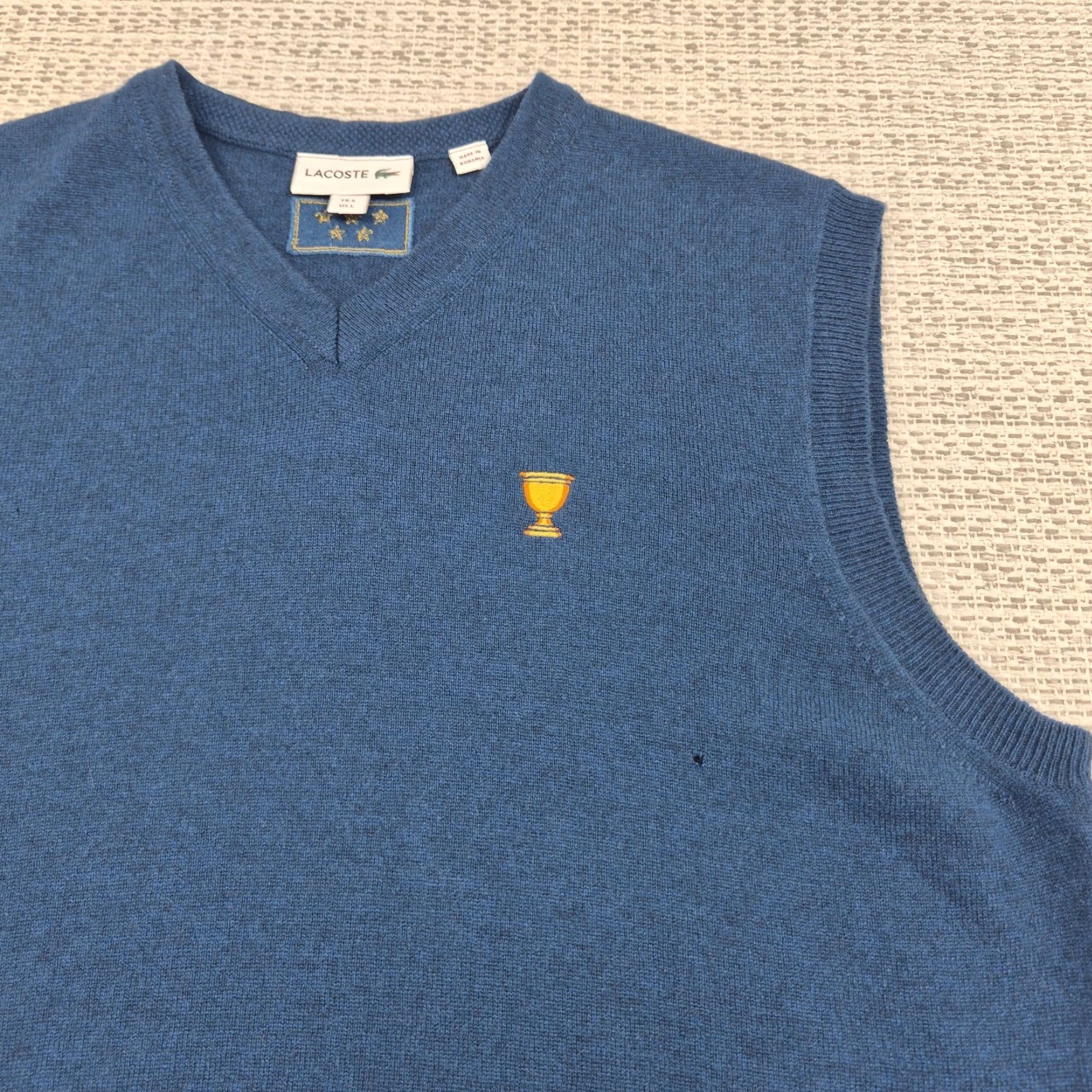 Lacoste Lacoste Mens Large Blue 100% Cashmere V-Neck Sleeveless Trophy Cup Embroidered Vest, Golf/Tennis, Classic Fit, Casual Sportswear Size US L / EU 52-54 / 3 - 2 Thumbnail
