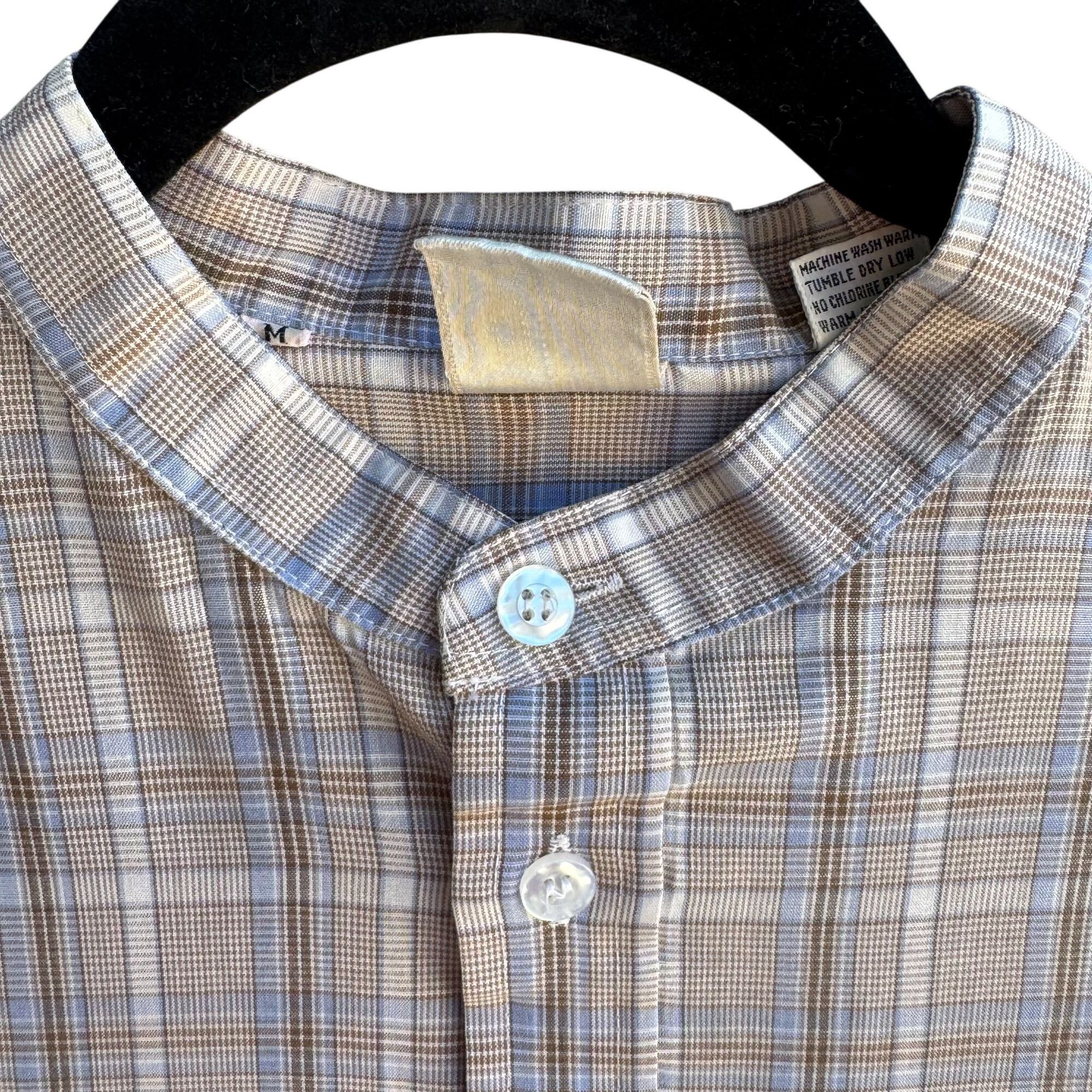 Other ESM Vintage Mens Band Collar Button-Up Blue Brown Retro Prep Size US M / EU 48-50 / 2 - 9 Thumbnail