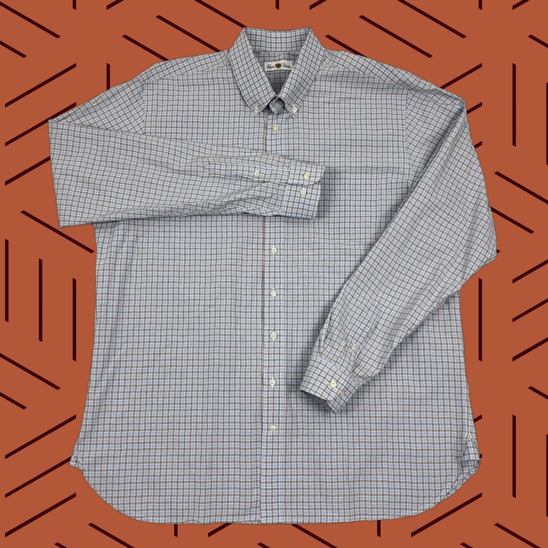 Vintage Alan Paine England Mens XL Blue Brown Plaid Button Down Shirt Business Casual Formal Workwear Shirt Size 46R - 1 Thumbnail