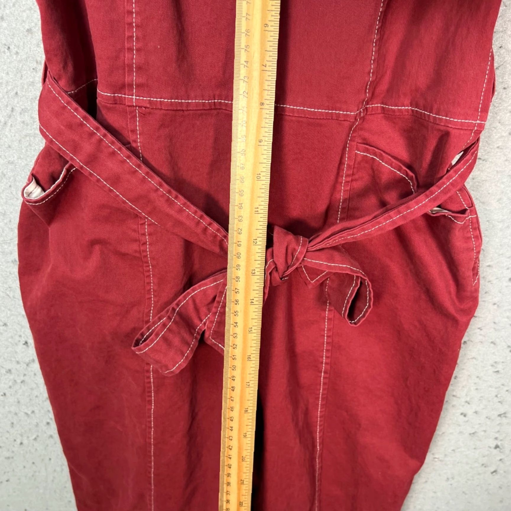 Vintage ModCloth Womens Medium Red Cotton Twill Wide-Leg Jumpsuit Tie Waist Sleeveless Size 32" / US 10 / IT 46 - 6 Thumbnail
