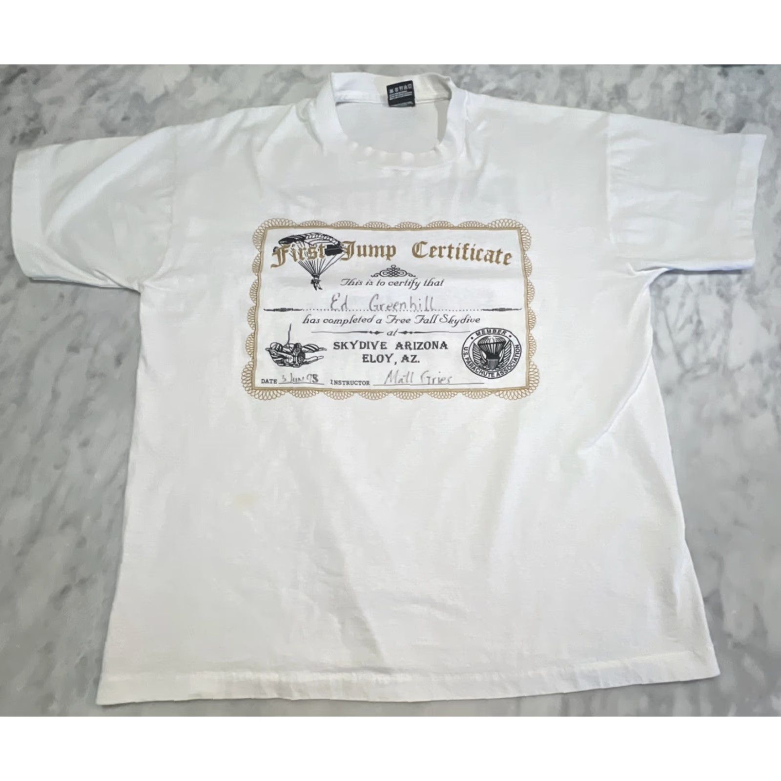 Fruit Of The Loom VINTAGE 1990s Skydive Arizona I Jumped From 13000 Feet T Shirt XL White Men Graphic Tee Personalized 1st Jump Single Stitch Size US XL / EU 56 / 4 - 5 Thumbnail