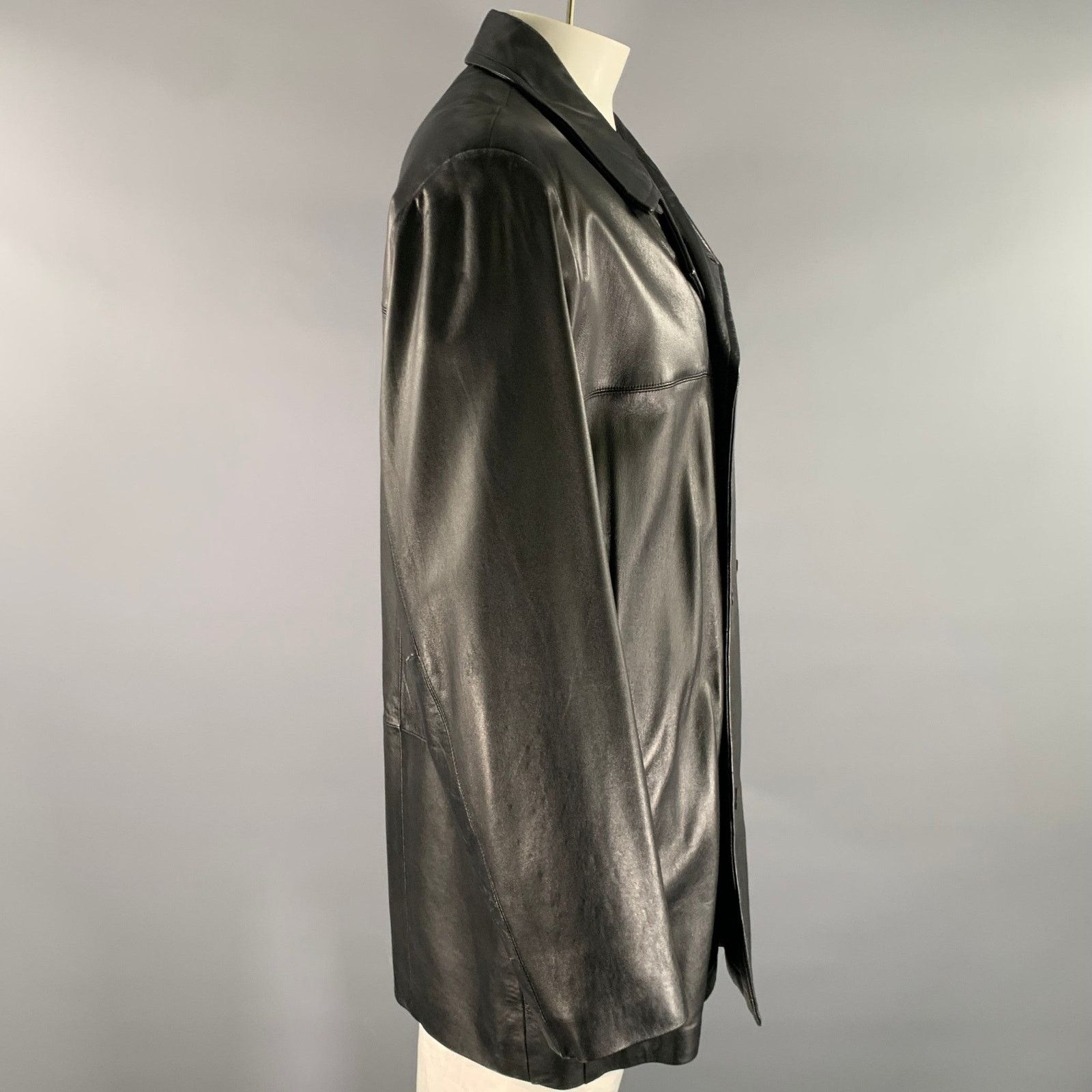 Jhane Barnes JHANE BARNES Size XXL Black Leather Double Breasted Coat Size US XXL / EU 58 / 5 - 3 Thumbnail