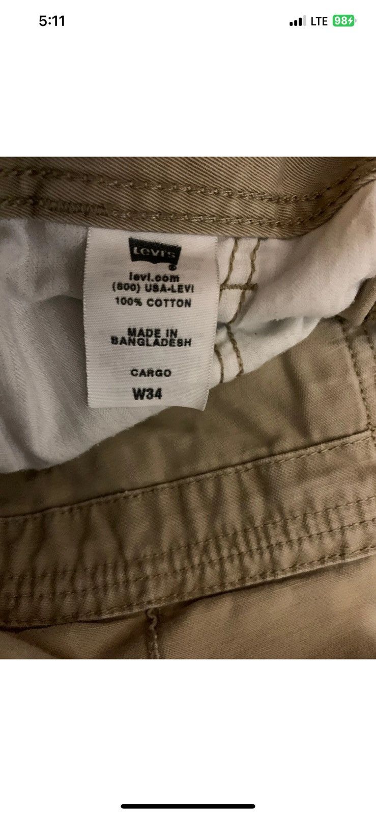Levi's Levis Shorts Mens 34 Cream Beige Slash & Flap Pockets Cargo Size US 34 / EU 50 - 2 Thumbnail
