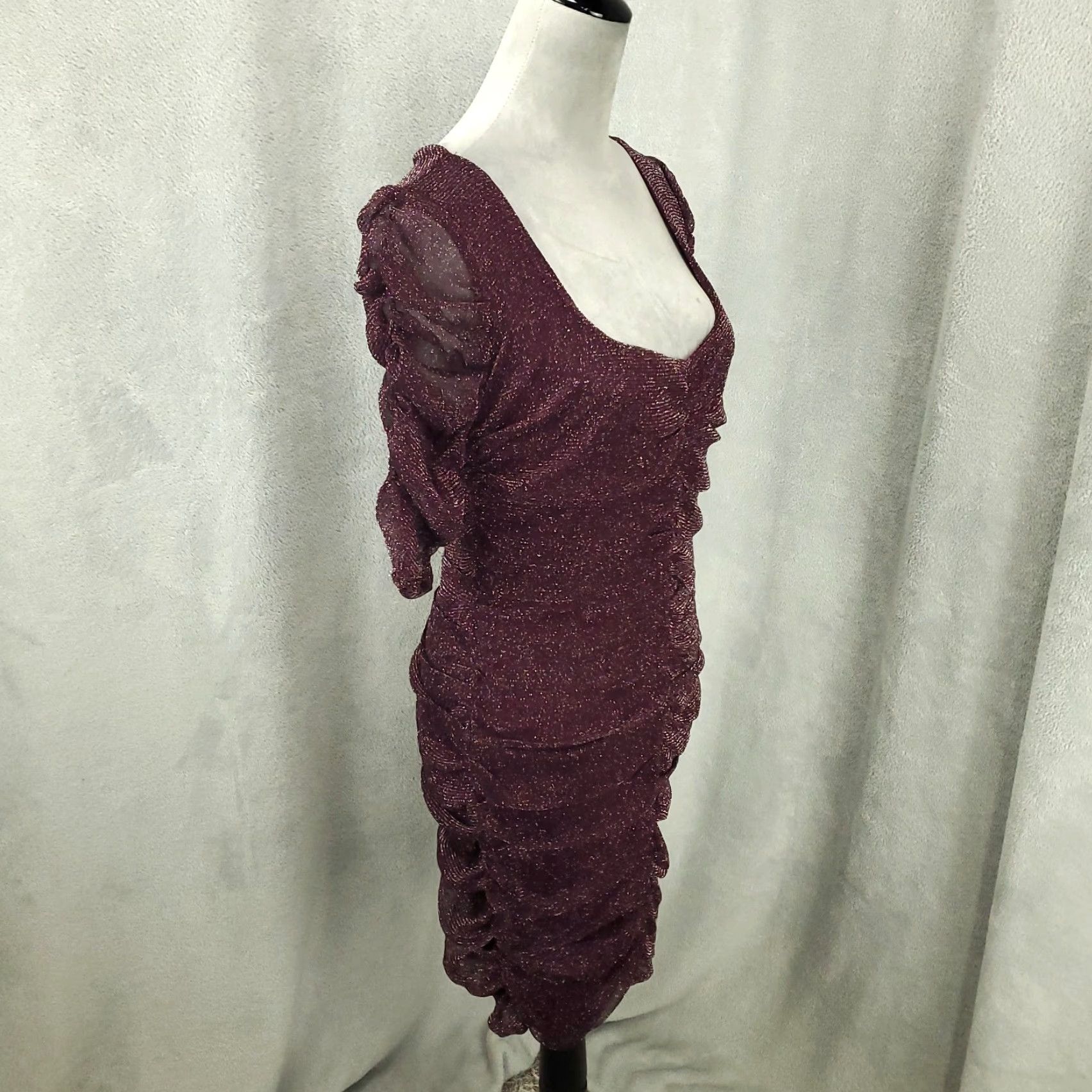 Vintage Lush Sheath Dress Mini Purple Boysenberry L Large Short Sleeve Ruched Draped Sparkle Shimmer Polyester Blend Spandex Size L / US 10 / IT 46 - 2 Thumbnail
