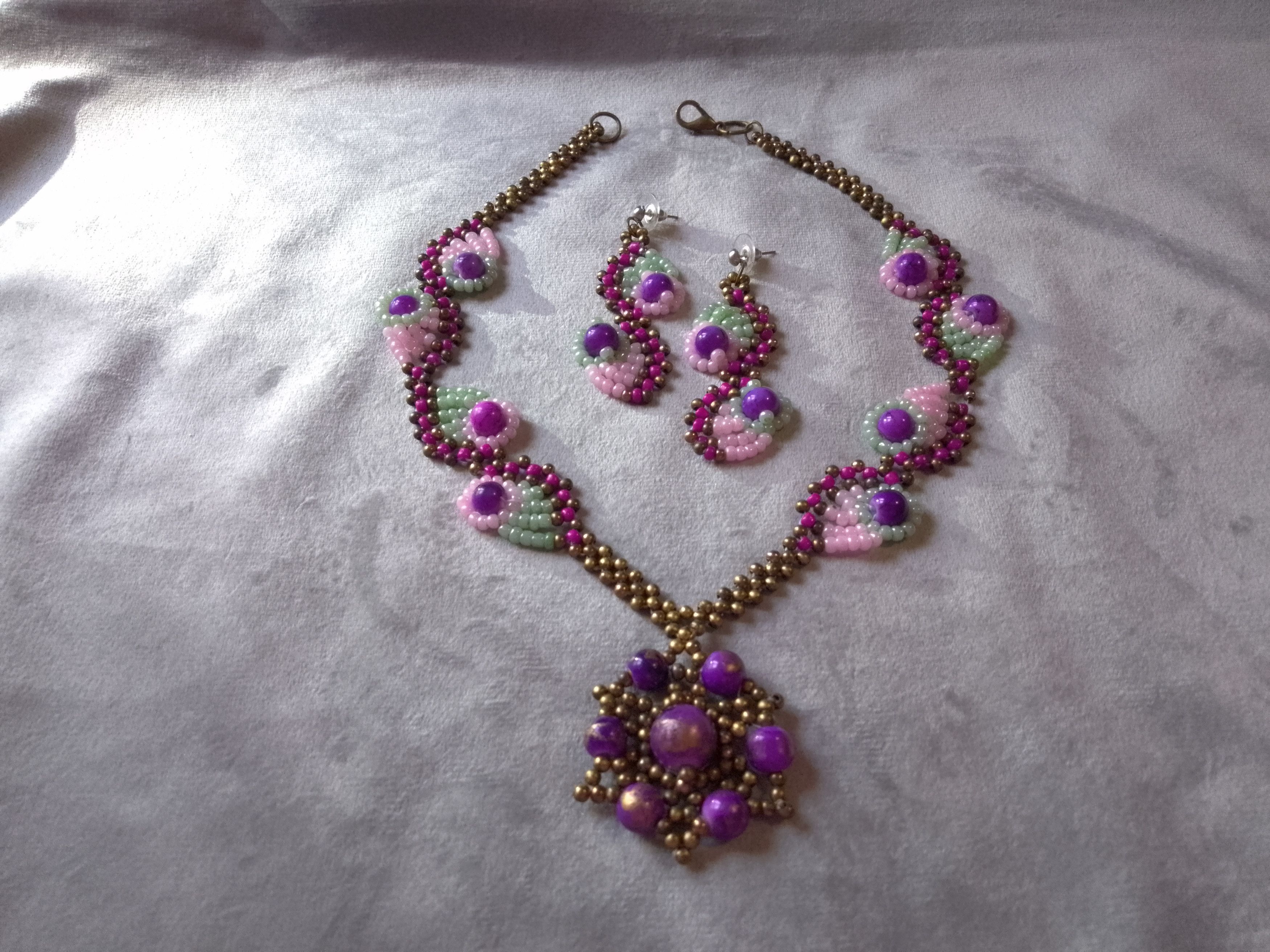 Handmade Necklace. Vintage, antique brass purple pearls. Earrings Size ONE SIZE - 1 Thumbnail