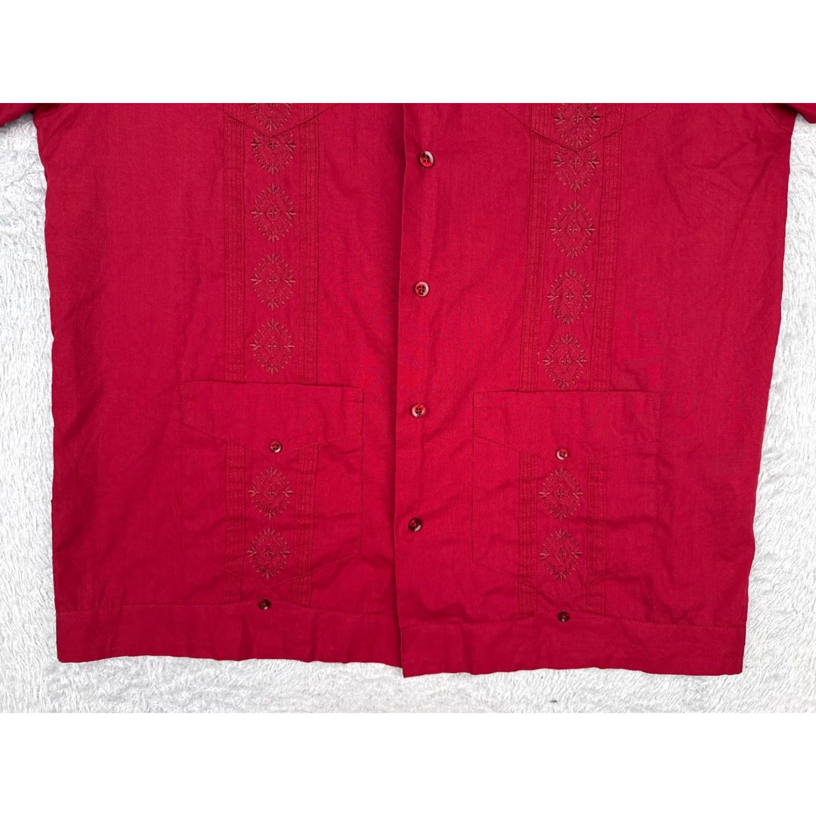 CO Havanera Guayabera Shirt Men Large Red Button Up 4 Pocket Poly Blend READ Size US L / EU 52-54 / 3 - 5 Thumbnail