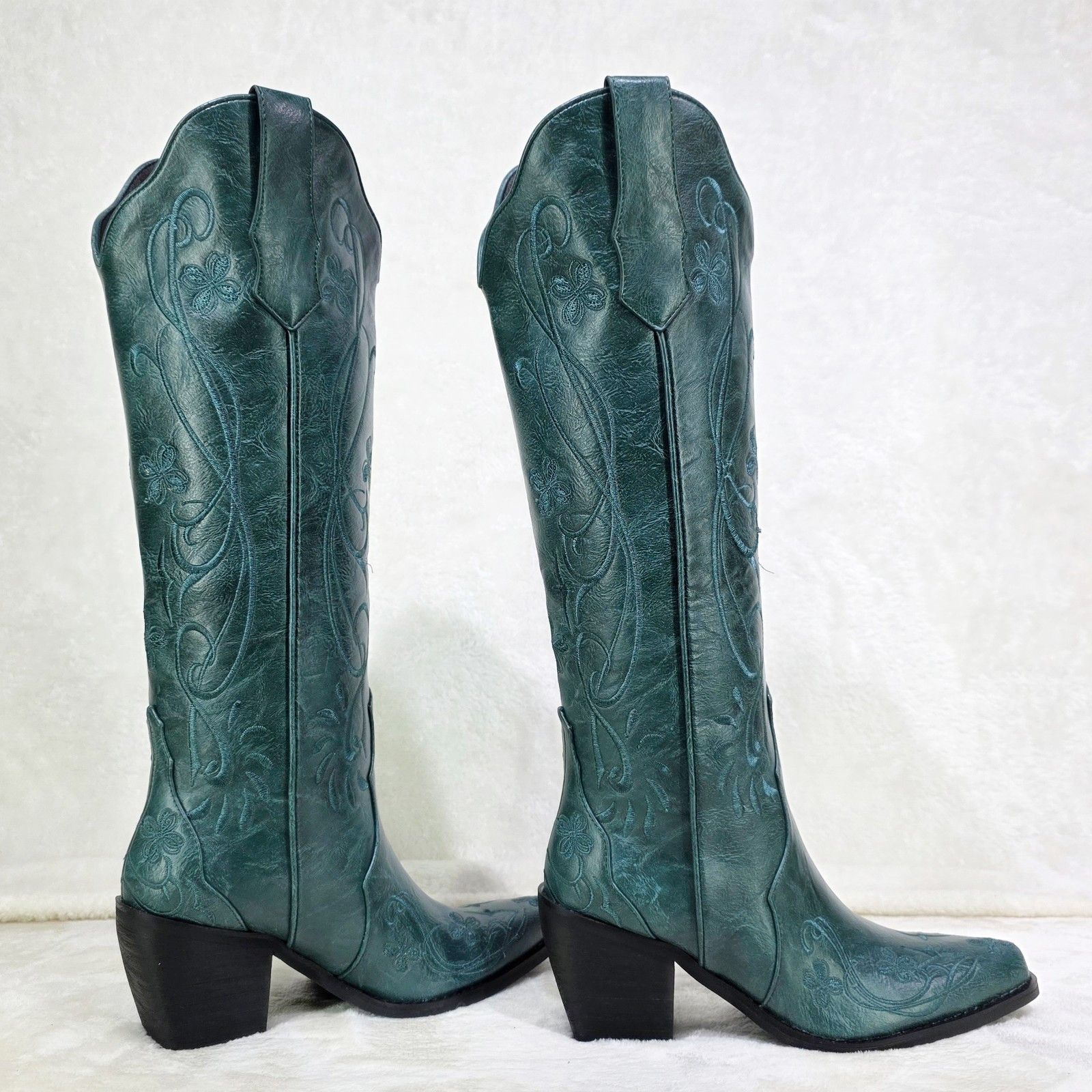 Other Loretta Embroidery Country Western Cowgirl Knee Boots Teal G Size US 8.5 / IT 38.5 - 2 Thumbnail