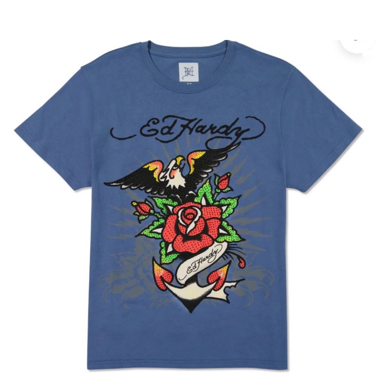 Ed Hardy ED HARDY Eagle Floral Designed Blue Anchor Tee Rhinestone Size US XL / EU 56 / 4 - 3 Thumbnail