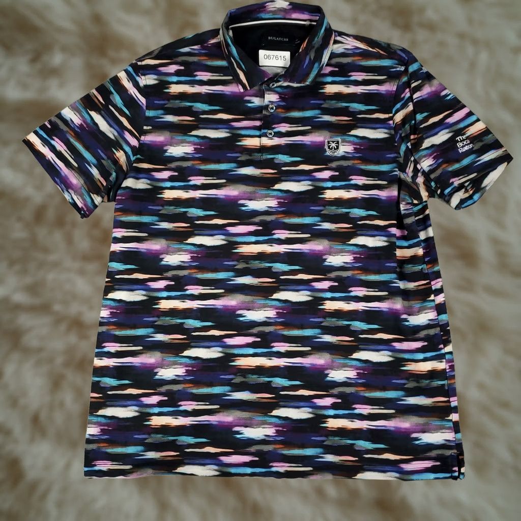 BUGATCHI BUGATCHI Polo Shirt Mens L Black Blue Golf Short Sleeve Button Collar Geometric Pattern Classic Preppy Sports Size US L / EU 52-54 / 3 - 1 Thumbnail