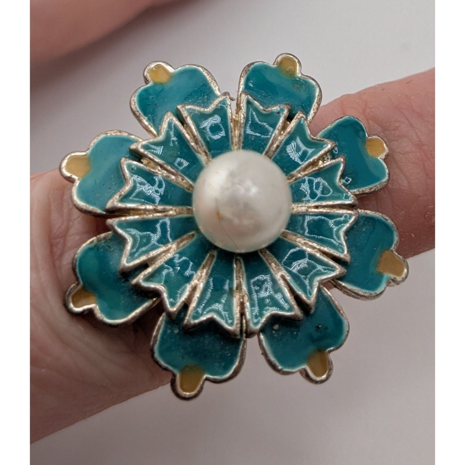 Other Vintage Cottagecore Flower Ring With Faux Pearl & Turquoise Size ONE SIZE - 4 Thumbnail