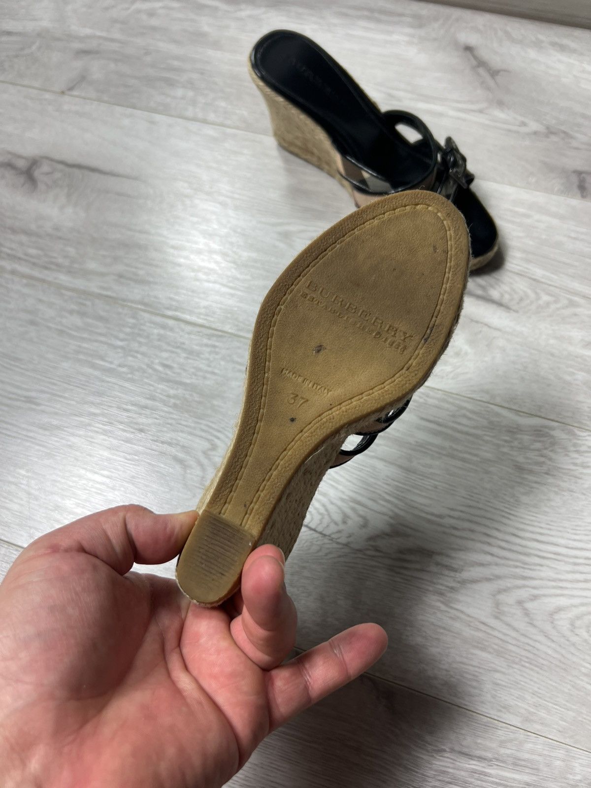 Burberry Women’s Nova Check Leather Wedge Espadrille Sandals