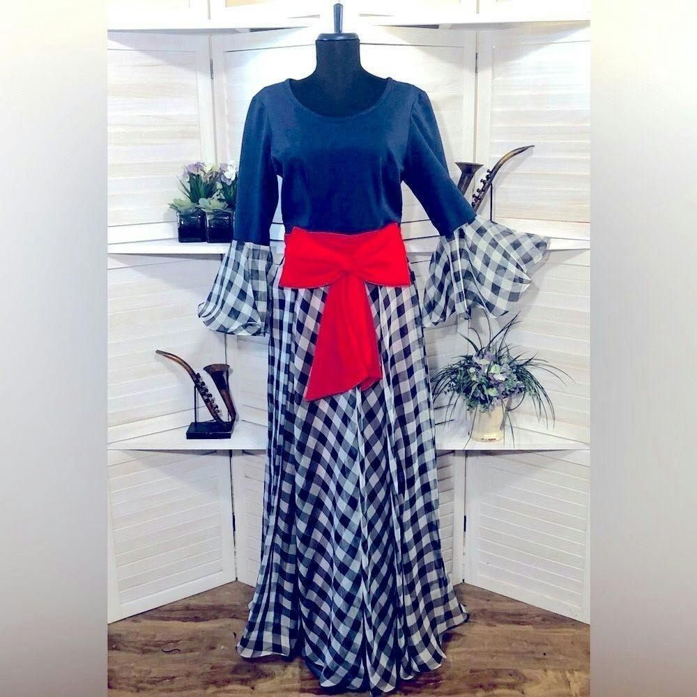 image of Vintage 70's Trumpet Sleeves Navy Blue Bow Full Swing Dress M in Red, Women's (Size Medium)