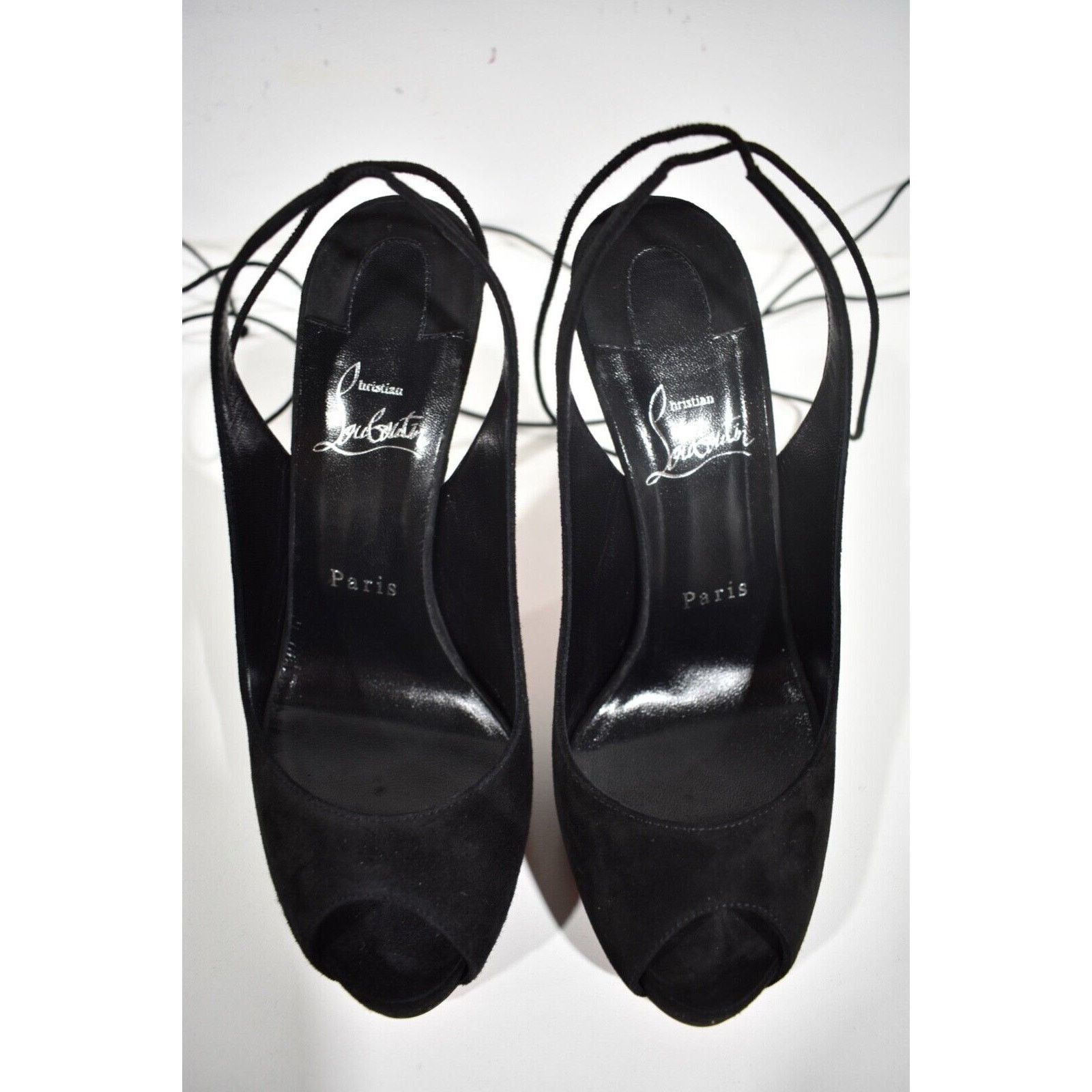 Christian Louboutin Lace Up NVP 120 Black Suede Peep Toe Sandal Heel Pump 38.5 Size US 8.5 / IT 38.5 - 7 Thumbnail