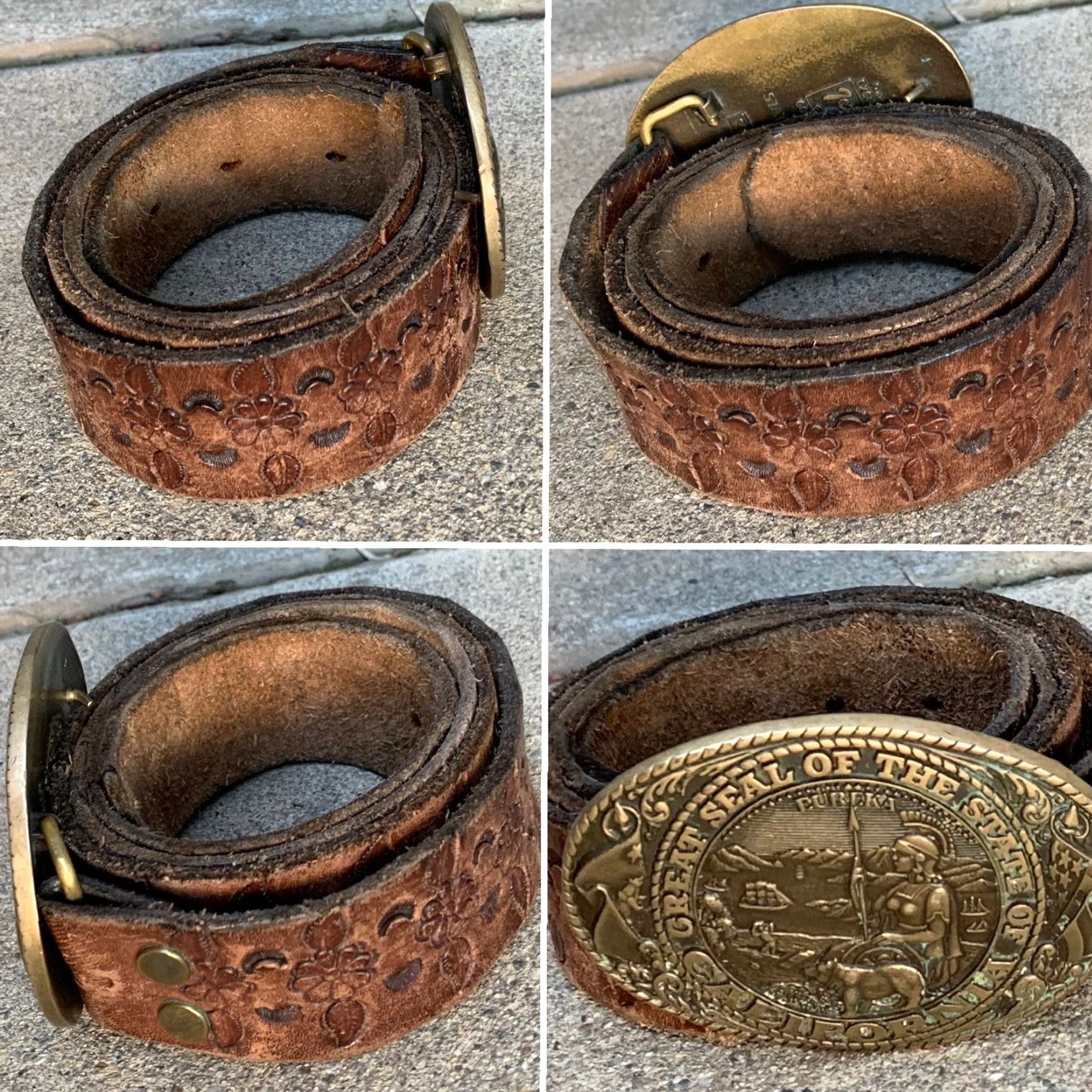 Tony Lama VINTAGE tooled leather belt Tony Lama state series California brass buckle Belt Adult Unisex Rockabilly Size ONE SIZE - 4 Thumbnail