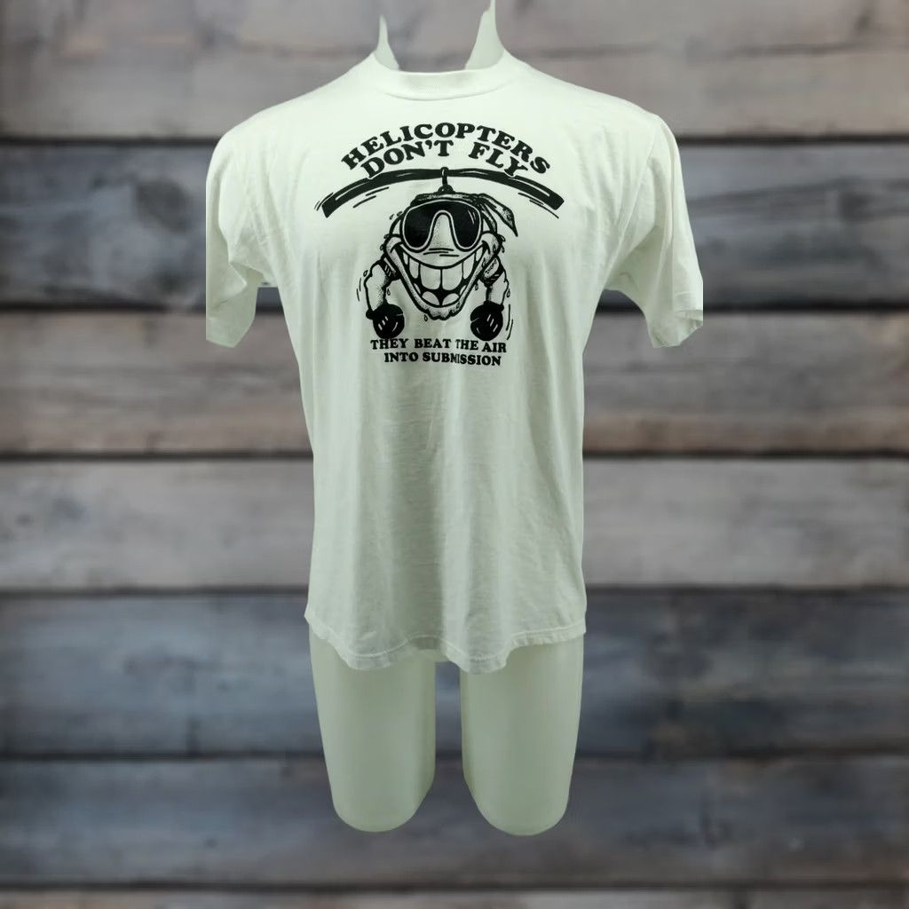 Jerzees Rare Vintage Helicopters Don't Fly Beat The Air Shirt L Large White 80s Jerzees Short Sleeve Mens Women Size US L / EU 52-54 / 3 - 1 Thumbnail