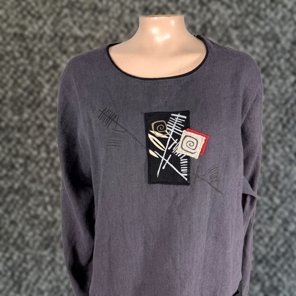 Vintage VINTAGE Fenini Women's Shirt L Linen Lagenlook Top Painted Boho Gray L/S Crew Neck Pullover Art to Wear Basic Casual Size L / US 10 / IT 46 - 1 Thumbnail