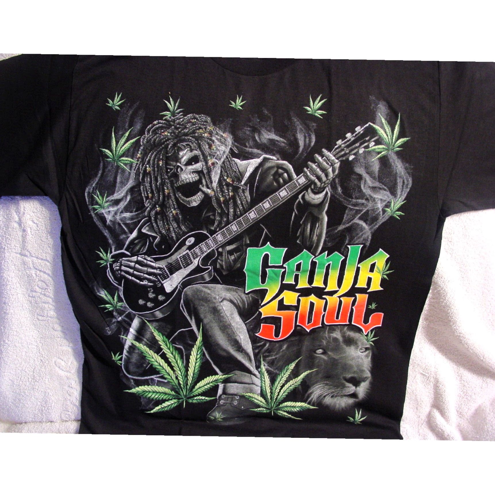Vintage Ganja Soul Mens Black Cotton T Shirt Extra Large XL Dreadlocked Skeleton Guitar Size US M / EU 48-50 / 2 - 2 Thumbnail
