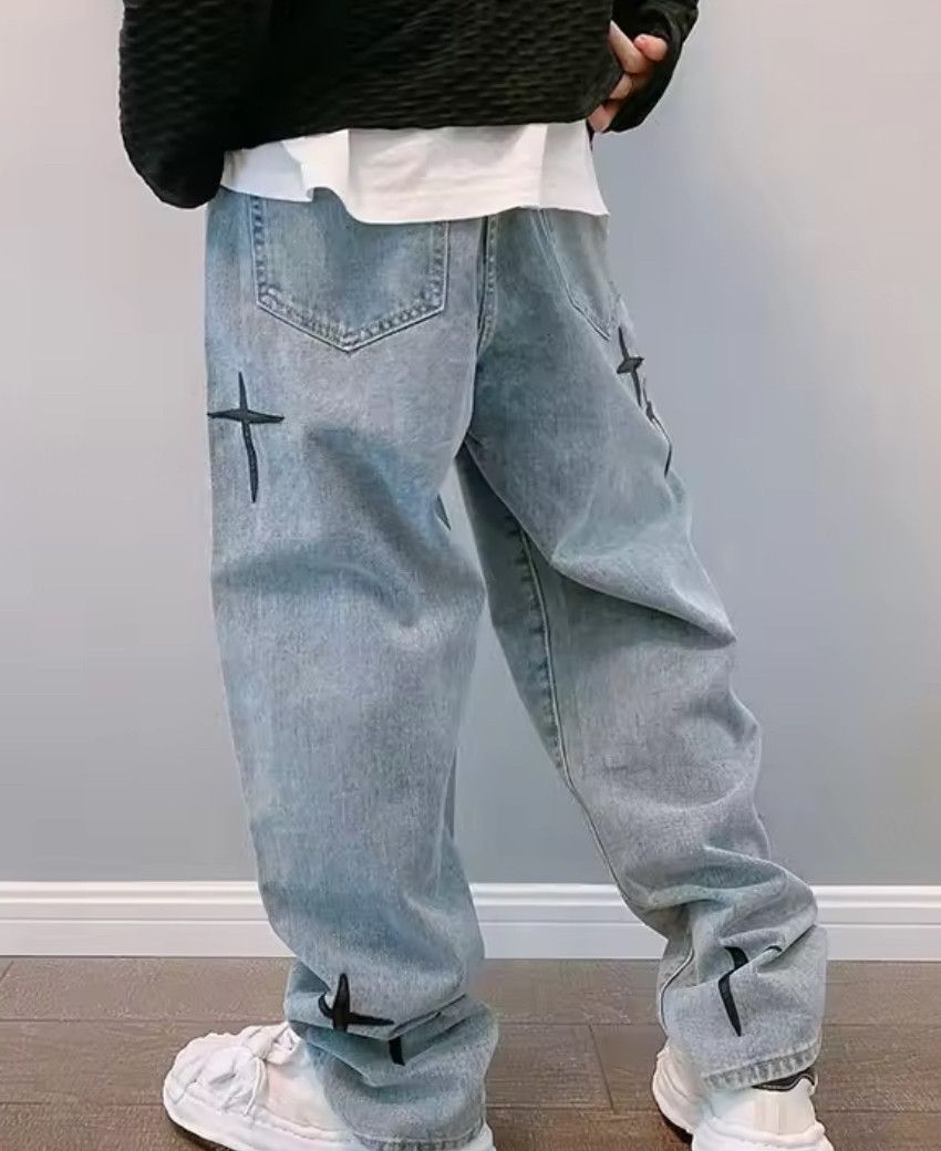 Japanese Brand Y2K Cross Blue Denim Pants Korean Jeans Baggy Wide Size US 33 - 2 Thumbnail