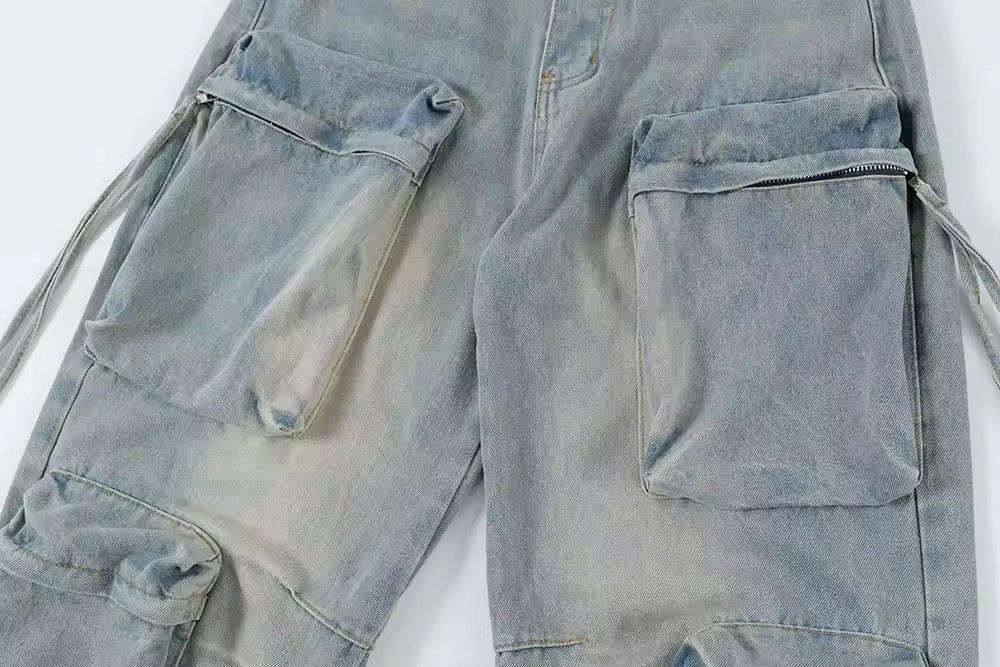 Jean Light Blue Denim Cargos Pleated Big Pocket Jeans Size US 33 - 7 Thumbnail