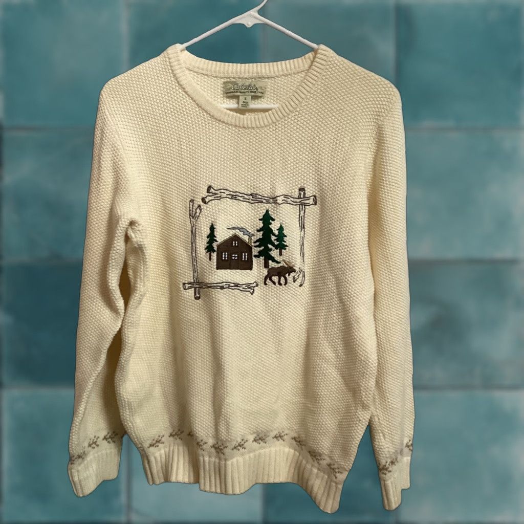 Vintage VINTAGE Cabela's Sweater Womens S Reg Ivory Knit Pullover Embroidered Cabincore Moose Size S / US 4 / IT 40 - 1 Thumbnail
